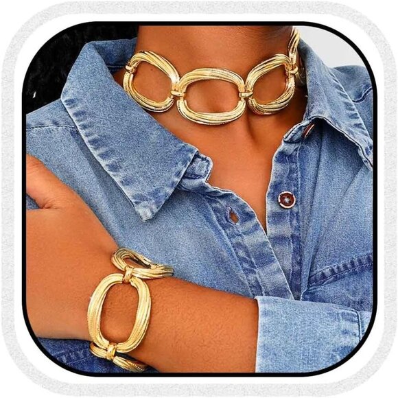 Jewelry - Women's Gold Alloy Steel Chunky Choker Necklace Set with Bracelet for Casual